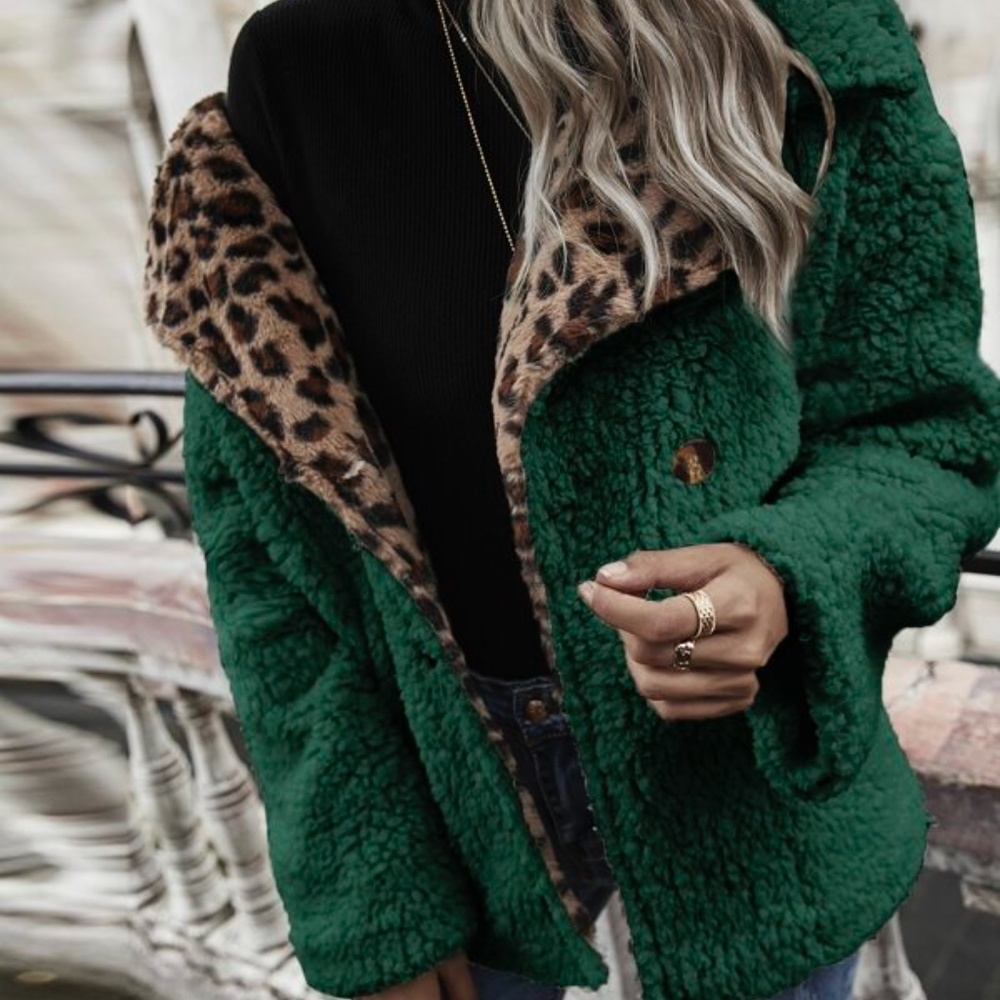 Off White Leopard Print Button up Teddy Coat Jacket - Picture 7 of 10
